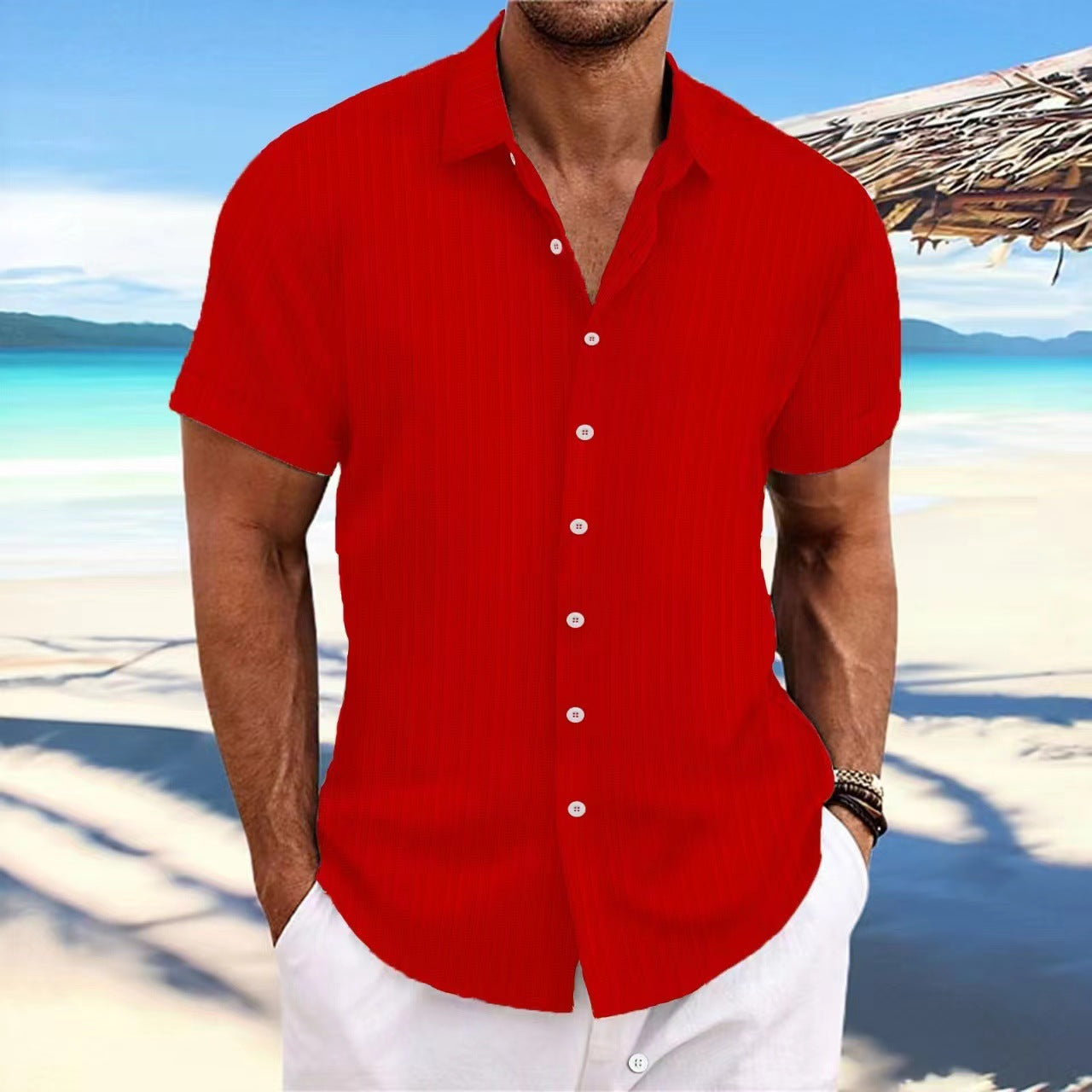 Foreign Trade Cross-border Explosions Amazon New Men's Cotton and Linen Striped Jacquard Sports Casual Loose Short-sleeved Shirt