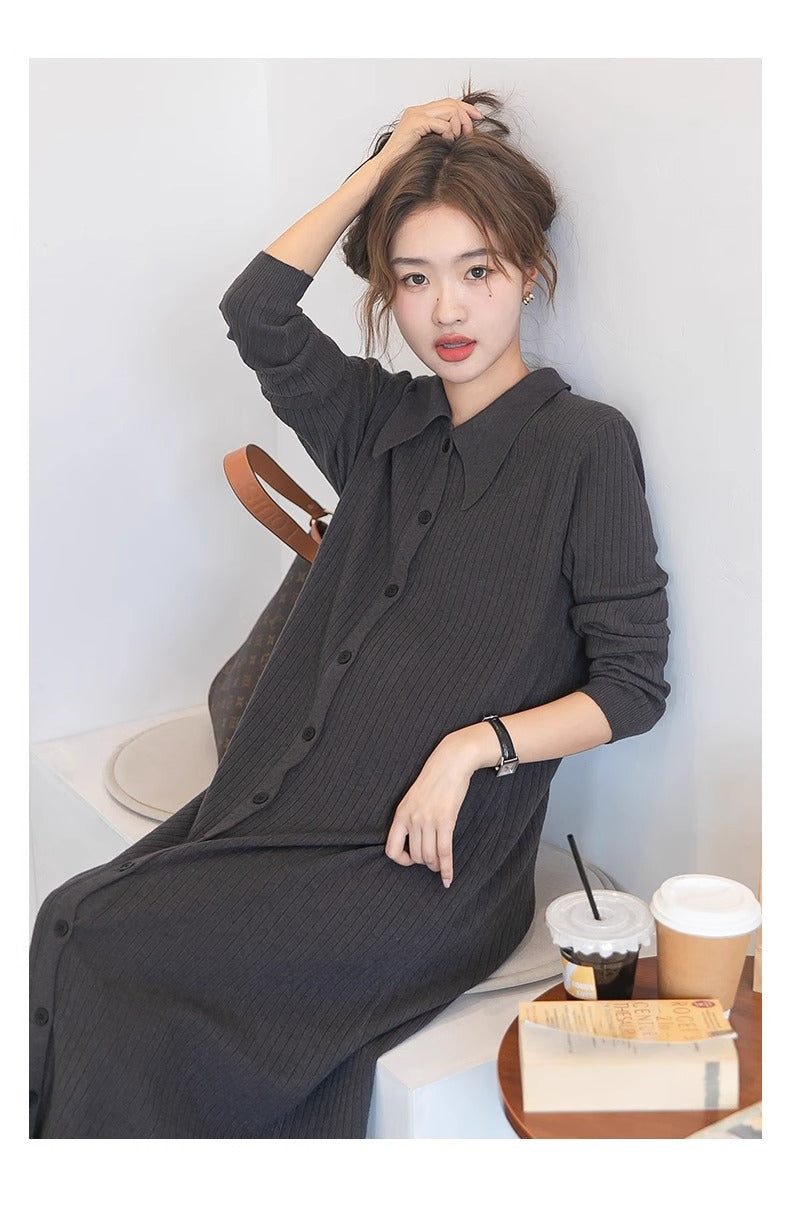 Pregnant women autumn dress 2024 new fashion French sweet doll collar knitted dress