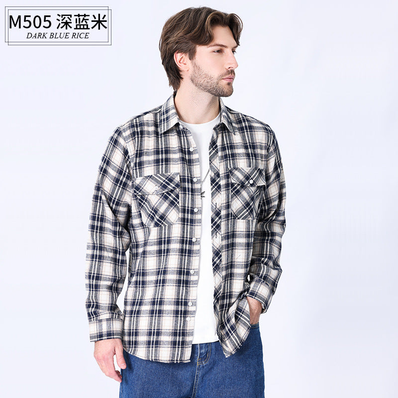 2026 Spring Cross-Border Trade American Retro Flannel Men's Long-Sleeve Brushed Plaid Shirt Men's Cool Jacket