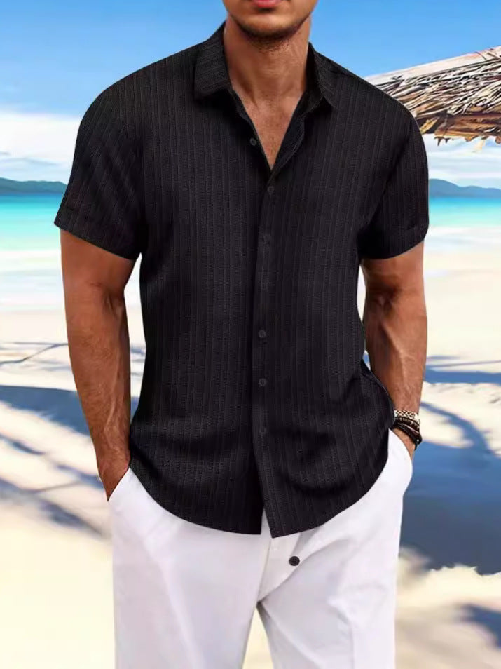 Foreign Trade Cross-border Explosions Amazon New Men's Cotton and Linen Striped Jacquard Sports Casual Loose Short-sleeved Shirt
