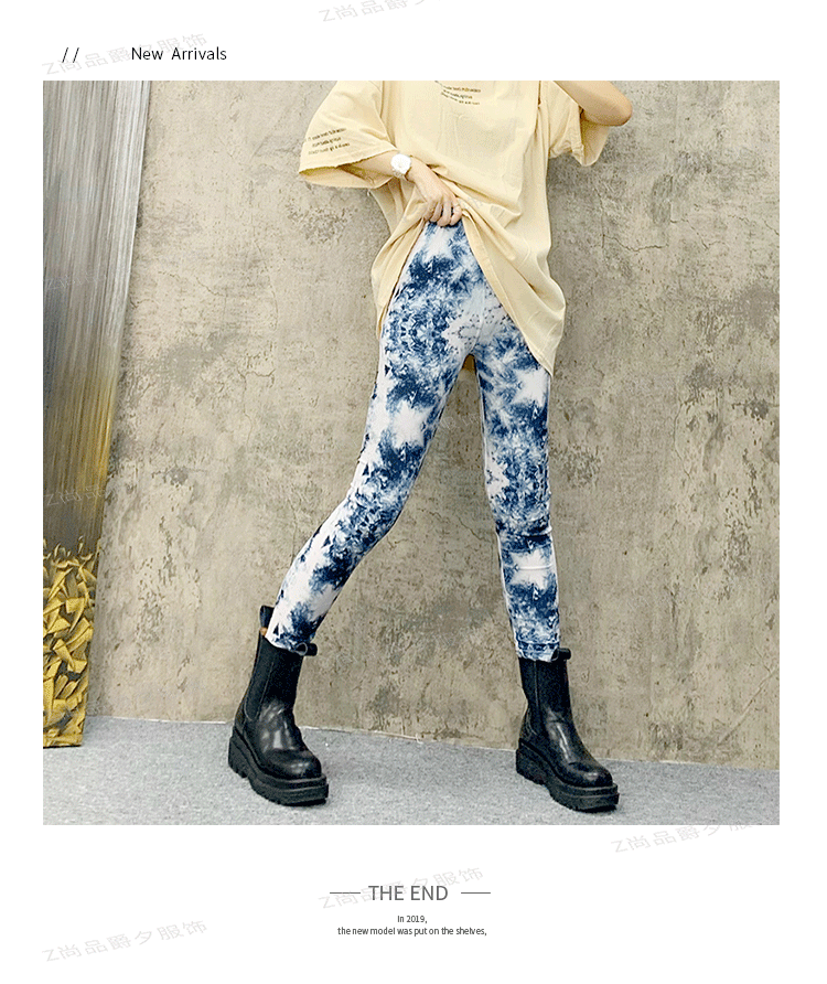 European and American Thin Printed Leggings Women's High Waist Stretch Trousers leggings Denim Tie-Dye Color Outer Wear Leggings