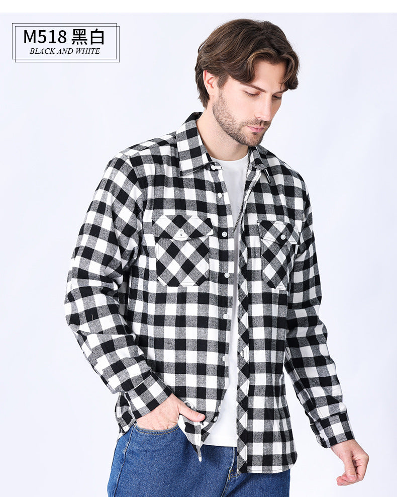 2026 Spring Cross-Border Trade American Retro Flannel Men's Long-Sleeve Brushed Plaid Shirt Men's Cool Jacket