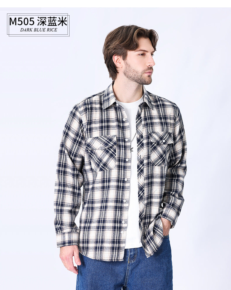2026 Spring Cross-Border Trade American Retro Flannel Men's Long-Sleeve Brushed Plaid Shirt Men's Cool Jacket