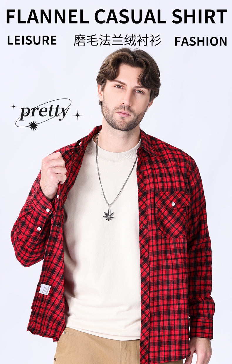 2026 Spring Cross-Border Trade American Retro Flannel Men's Long-Sleeve Brushed Plaid Shirt Men's Cool Jacket
