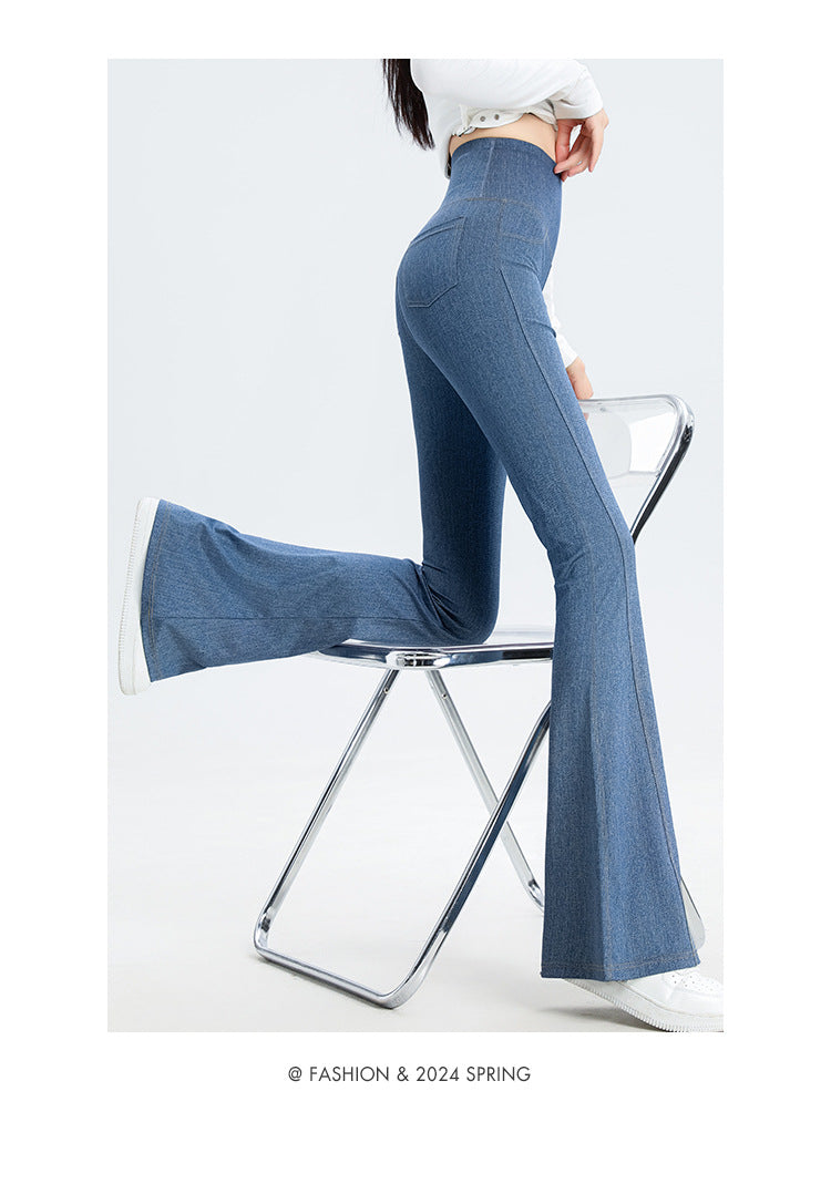 2024 New Imitation Denim Shark Pants Women's Outerwear Leggings Slightly Flared Pants Tummy Control Flared Pants Thin Yoga Pants