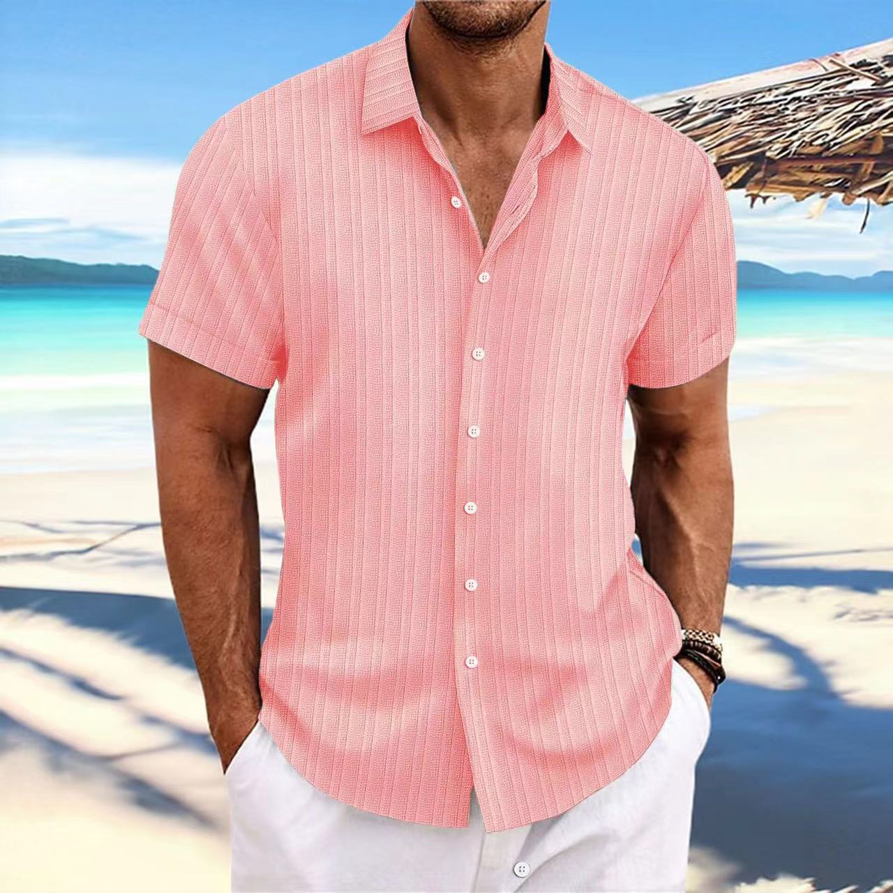 Foreign Trade Cross-border Explosions Amazon New Men's Cotton and Linen Striped Jacquard Sports Casual Loose Short-sleeved Shirt