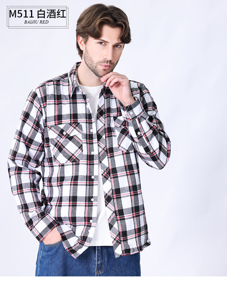 2026 Spring Cross-Border Trade American Retro Flannel Men's Long-Sleeve Brushed Plaid Shirt Men's Cool Jacket