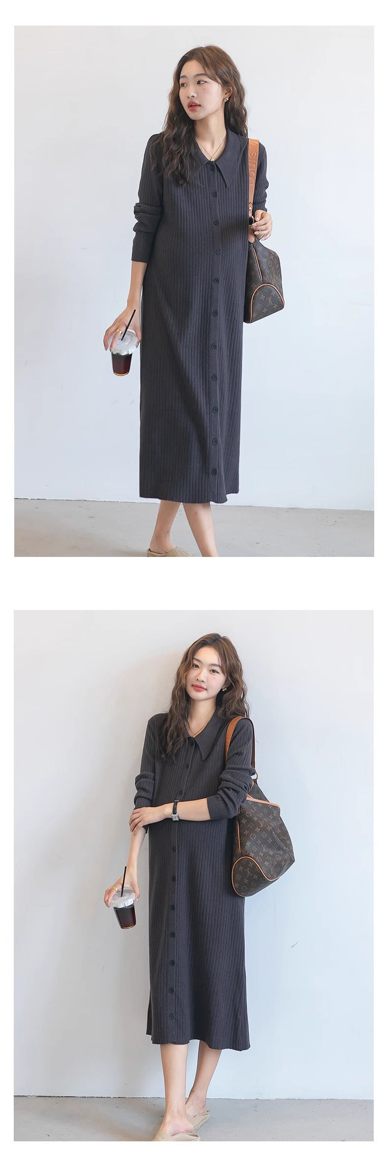 Pregnant women autumn dress 2024 new fashion French sweet doll collar knitted dress