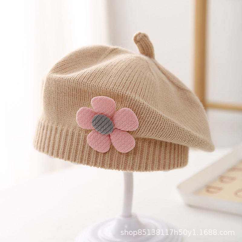 Baby hat autumn and winter baby girls' cute flower beret children's wool hat girls' knitted painter hat fashion