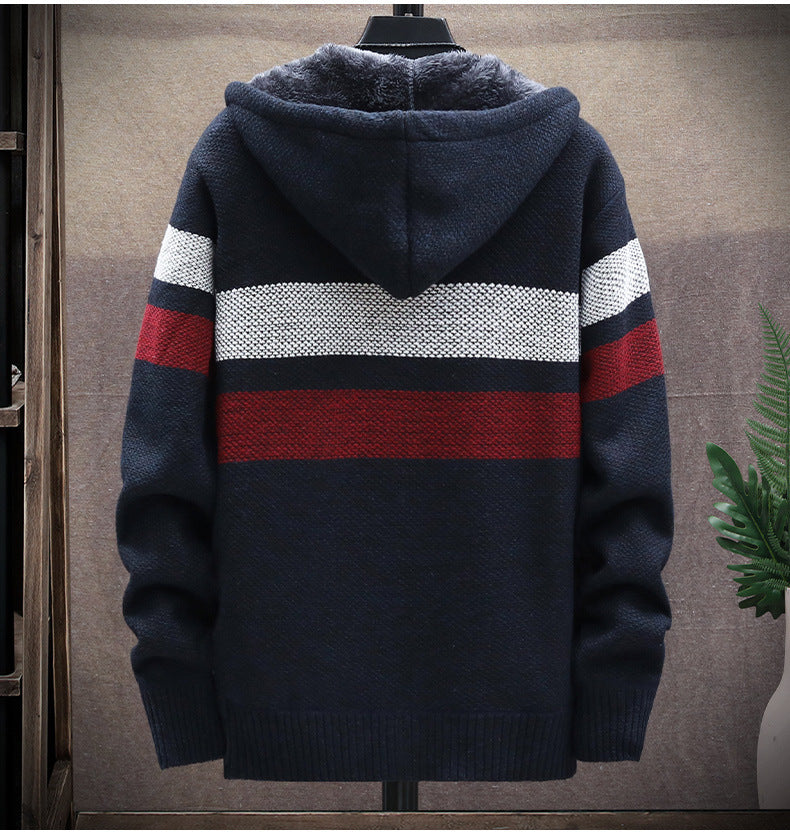 2026 Autumn and Winter New Men's Simple Knit Jacket European and American Style Solid Color Loose Fleece Hooded Cardigan Men's Fashion