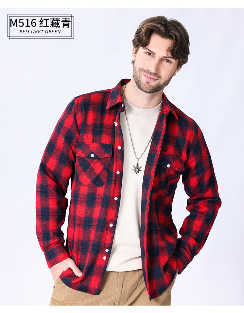 2026 Spring Cross-Border Trade American Retro Flannel Men's Long-Sleeve Brushed Plaid Shirt Men's Cool Jacket