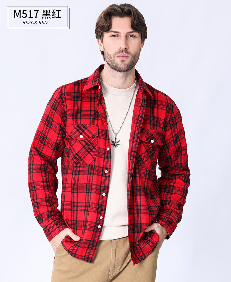 2026 Spring Cross-Border Trade American Retro Flannel Men's Long-Sleeve Brushed Plaid Shirt Men's Cool Jacket