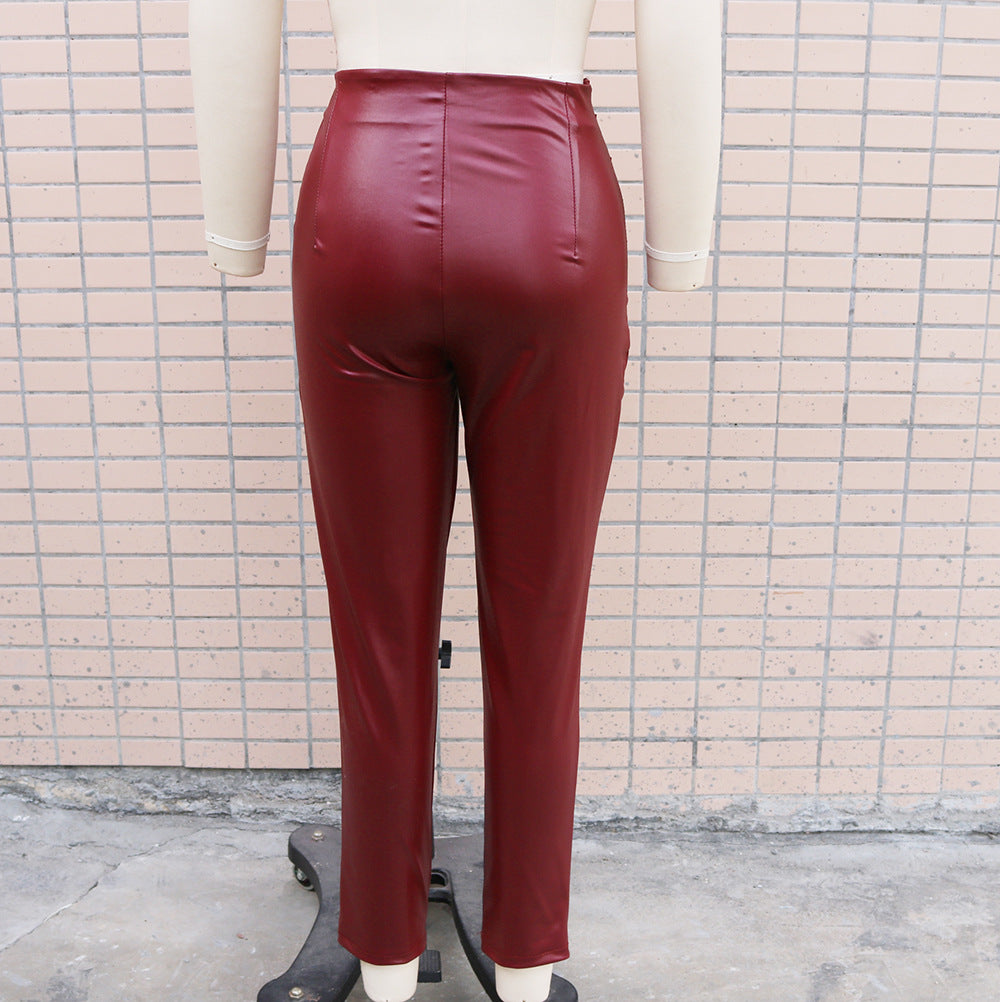 Cross-border independent station foreign trade new 2024 autumn and winter imitation leather button decoration fashion women's feet pencil trousers