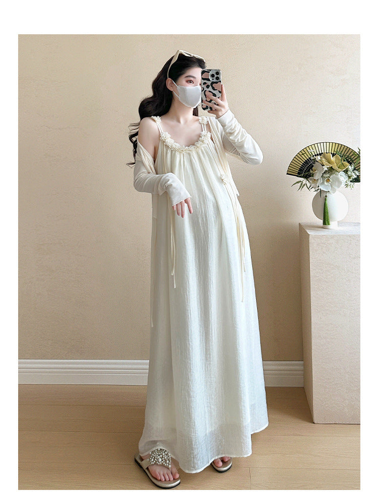 Maternity summer dress 2025 new pregnant mother wear plus size suspenders skirt suit fashion fashion