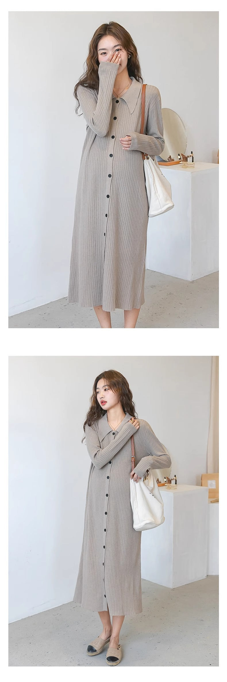 Pregnant women autumn dress 2024 new fashion French sweet doll collar knitted dress