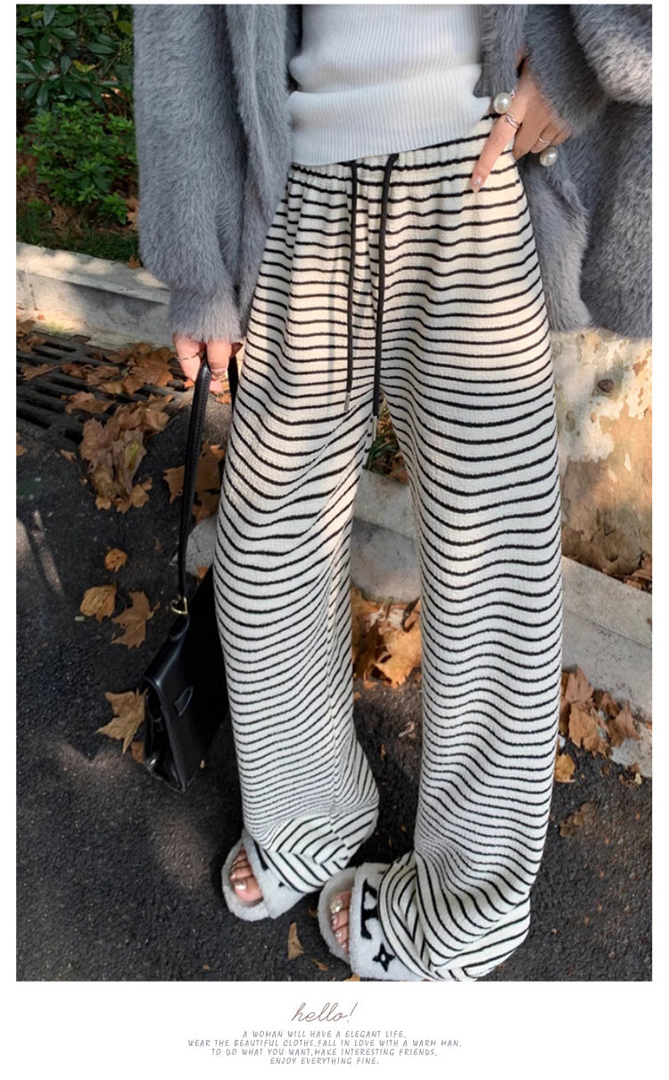 Maternity fleece-lined Black and White Striped Towel Velvet Wide Leg Pants Autumn and Winter New Loose Drawstring Sports Pants Casual Pants