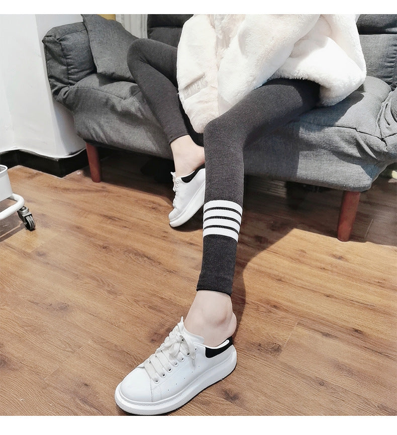 Tb New Autumn and Winter Terry Leggings for Women to Wear as Outerwear, Thin, Faded, Butt-Lifting, Four-Stripes Knitted Elastic Tight-Fitting Pants
