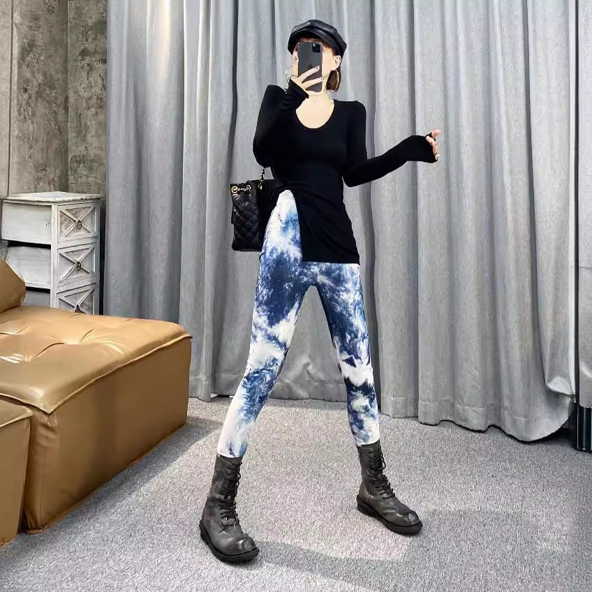 European and American Thin Printed Leggings Women's High Waist Stretch Trousers leggings Denim Tie-Dye Color Outer Wear Leggings