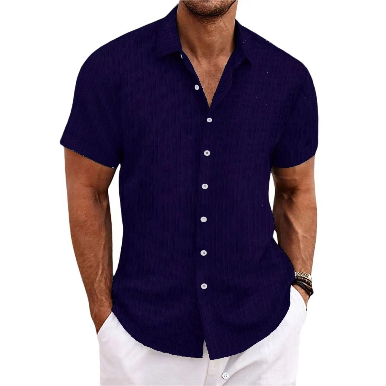 Foreign Trade Cross-border Explosions Amazon New Men's Cotton and Linen Striped Jacquard Sports Casual Loose Short-sleeved Shirt