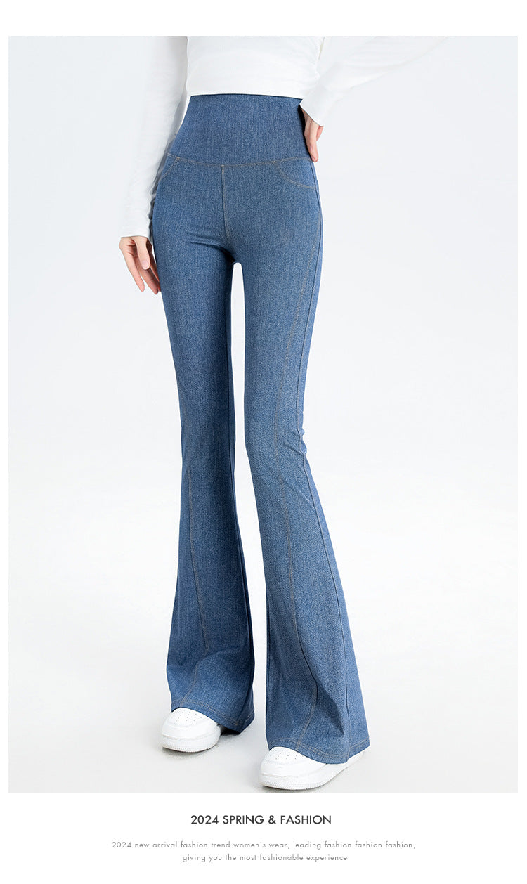 2024 New Imitation Denim Shark Pants Women's Outerwear Leggings Slightly Flared Pants Tummy Control Flared Pants Thin Yoga Pants