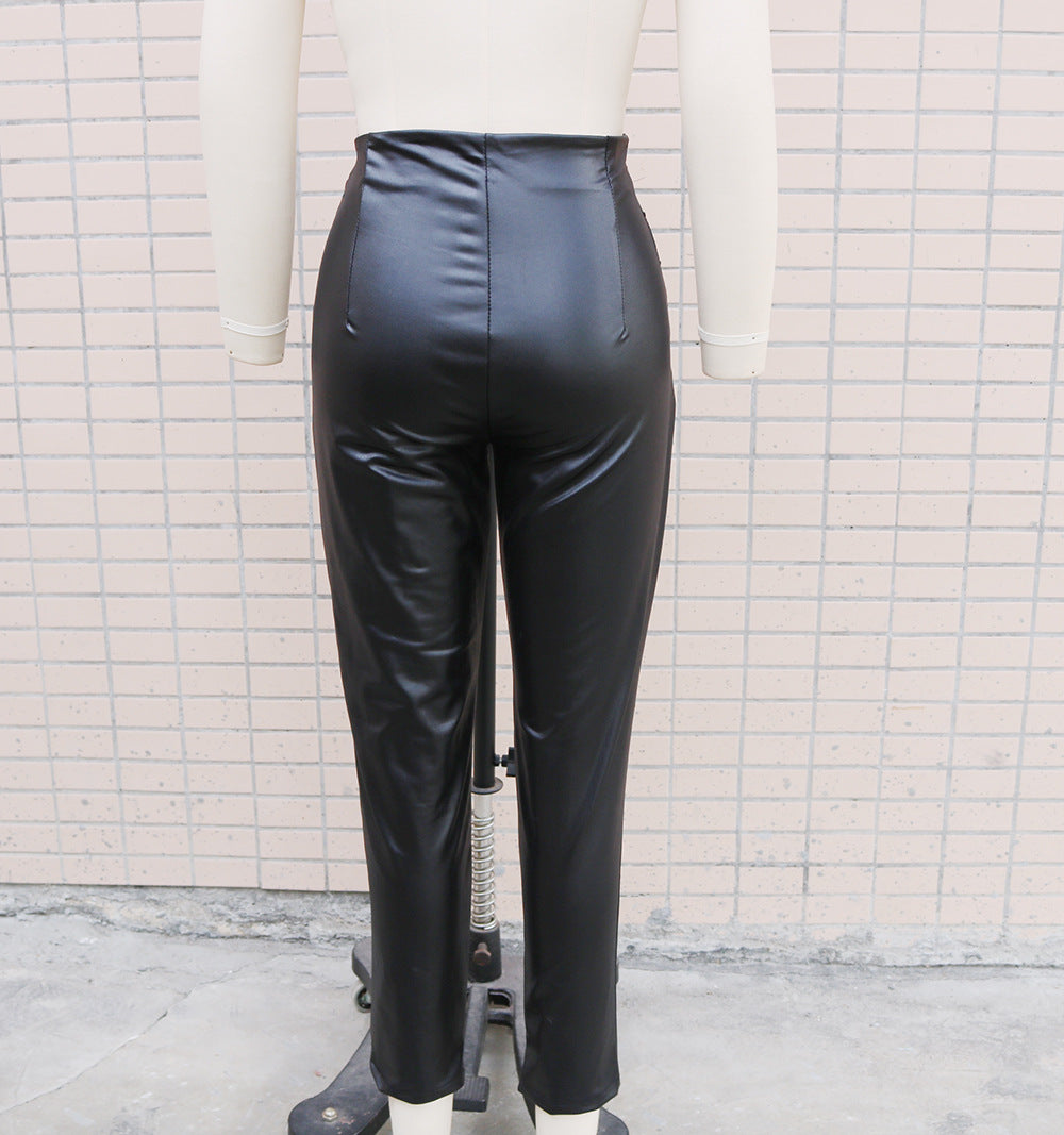 Cross-border independent station foreign trade new 2024 autumn and winter imitation leather button decoration fashion women's feet pencil trousers