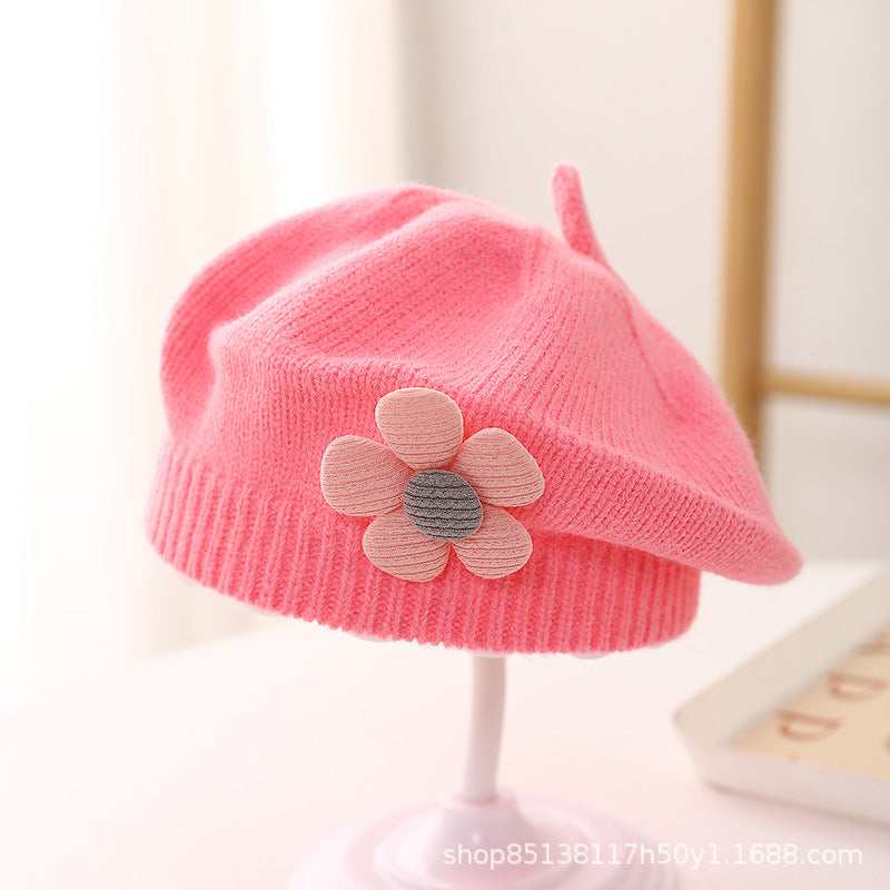 Baby hat autumn and winter baby girls' cute flower beret children's wool hat girls' knitted painter hat fashion