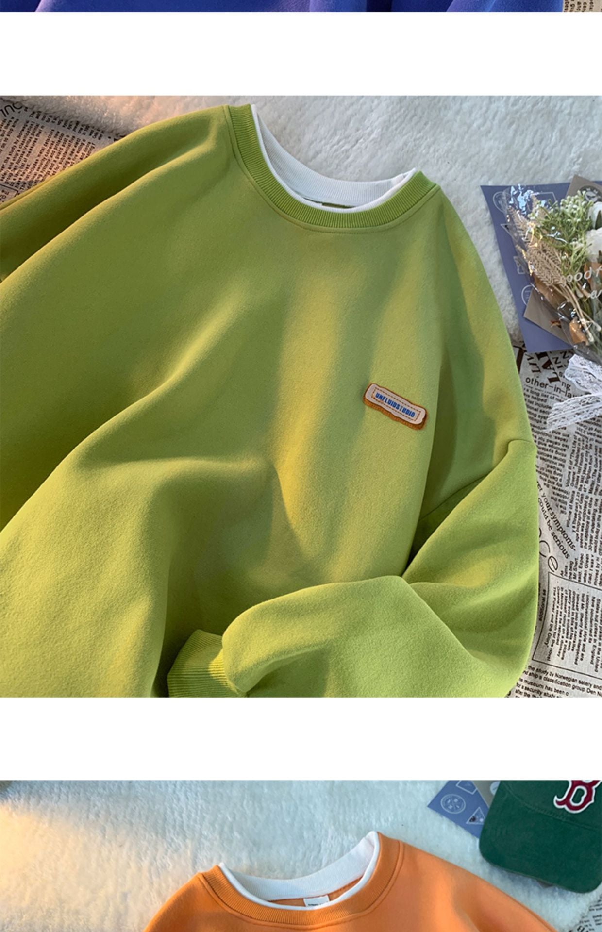 Green sweater men's and women's Hong Kong style spring and autumn top new oversize fake two-piece coat top couple wear lazy