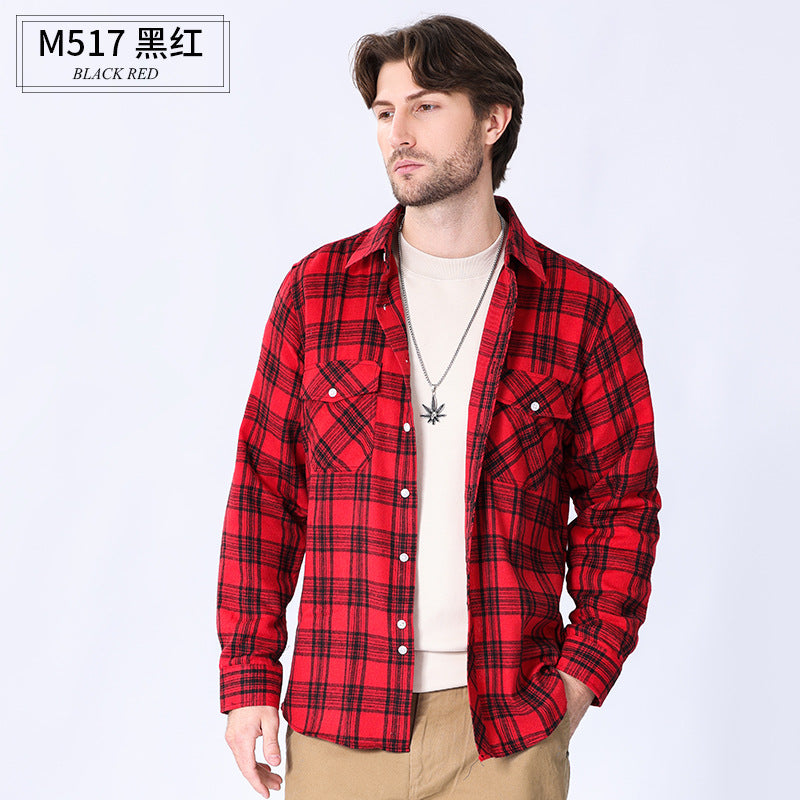 2026 Spring Cross-Border Trade American Retro Flannel Men's Long-Sleeve Brushed Plaid Shirt Men's Cool Jacket