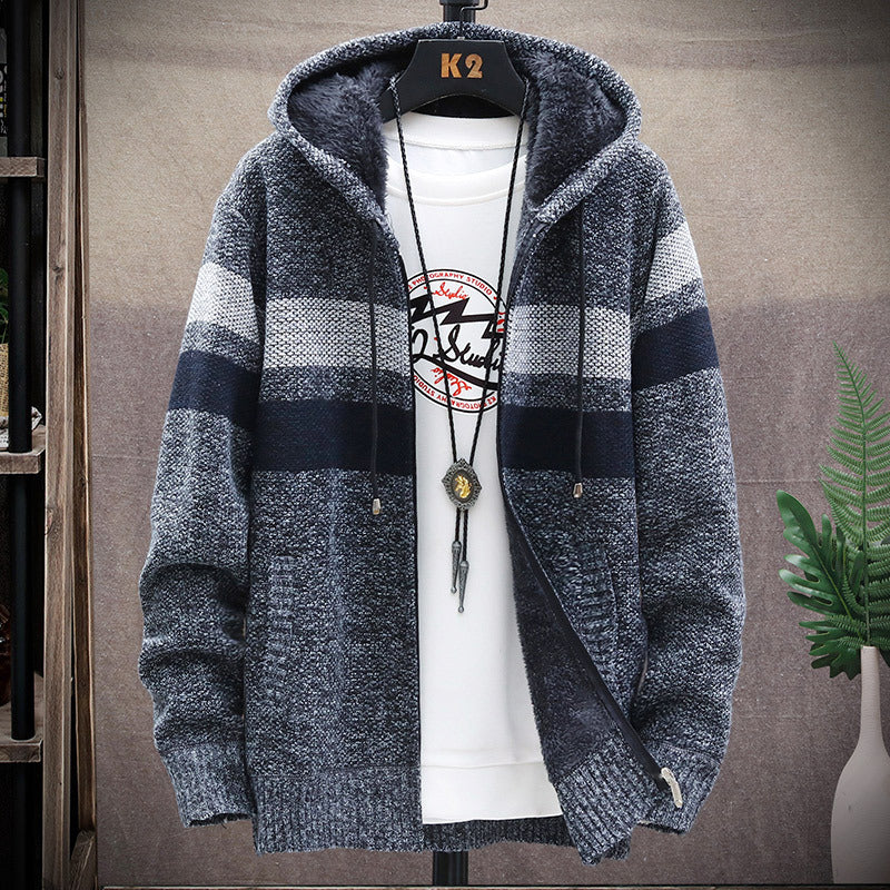 2026 Autumn and Winter New Men's Simple Knit Jacket European and American Style Solid Color Loose Fleece Hooded Cardigan Men's Fashion
