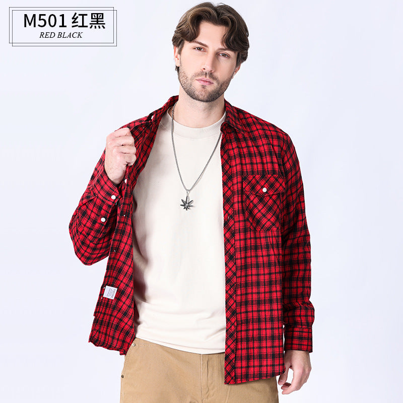 2026 Spring Cross-Border Trade American Retro Flannel Men's Long-Sleeve Brushed Plaid Shirt Men's Cool Jacket