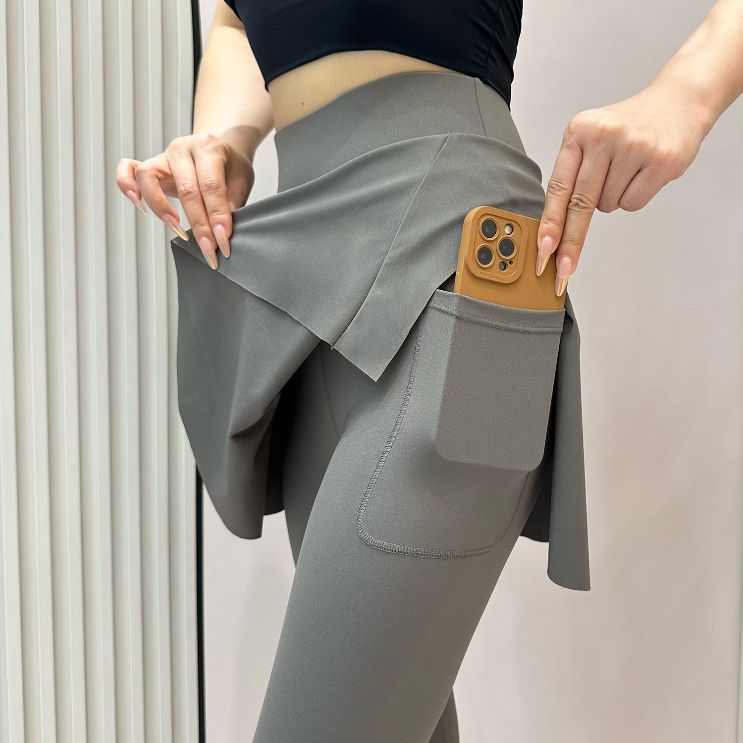 Summer New High Waist Capri Pants Pocket Belly-closed Culottes Fashion Sports Fake Two-piece Running Fitness Outer Wear Yoga