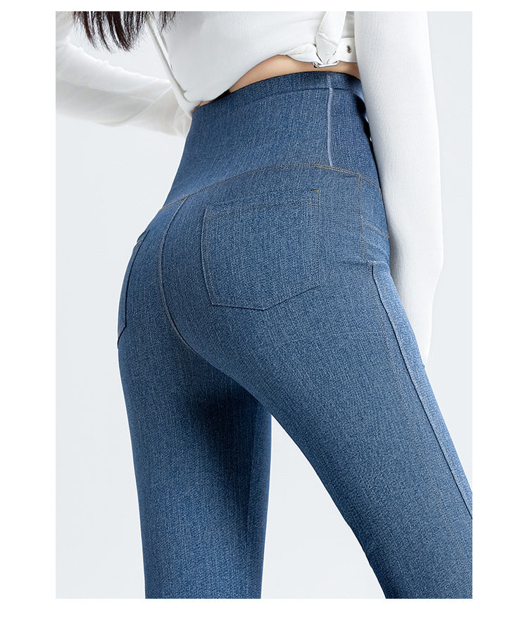 2024 New Imitation Denim Shark Pants Women's Outerwear Leggings Slightly Flared Pants Tummy Control Flared Pants Thin Yoga Pants