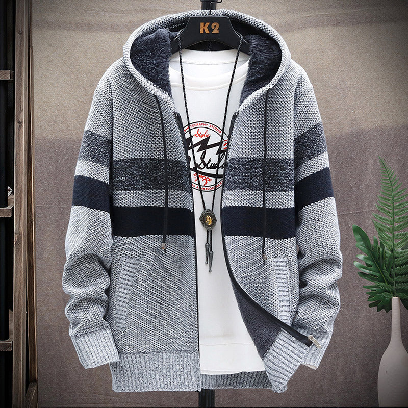 2026 Autumn and Winter New Men's Simple Knit Jacket European and American Style Solid Color Loose Fleece Hooded Cardigan Men's Fashion