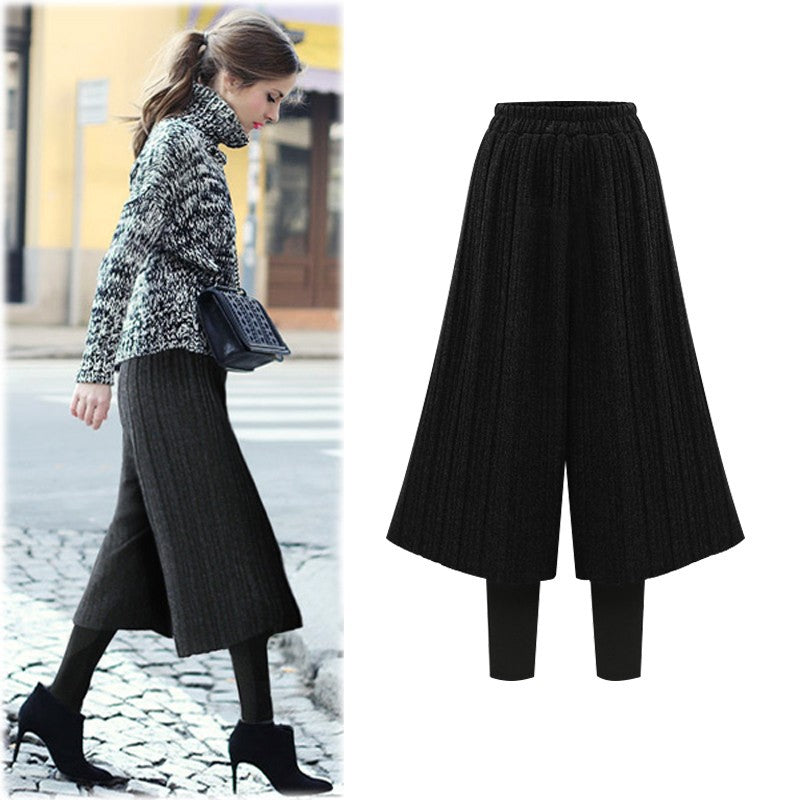 fleece-lined Thickened Leggings Women's Fake Two-piece Wide-leg Pants Winter New Korean-style Loose plus size Pants All-match Outer Wear