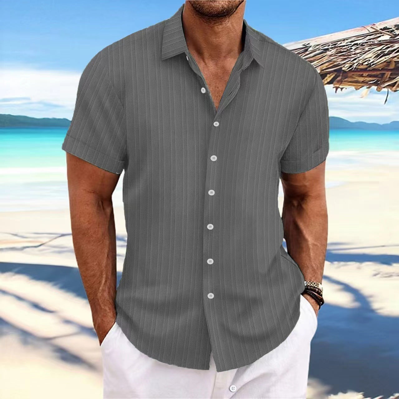 Foreign Trade Cross-border Explosions Amazon New Men's Cotton and Linen Striped Jacquard Sports Casual Loose Short-sleeved Shirt