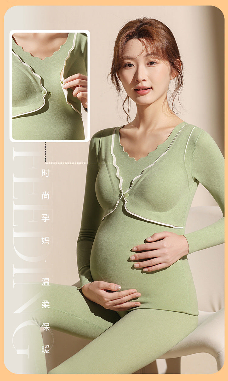 Maternity Autumn and Winter Thermal Underwear Nursing Sleepwear All-Season Warm No-Wear Underwear Postpartum Maternity Top Base Layer