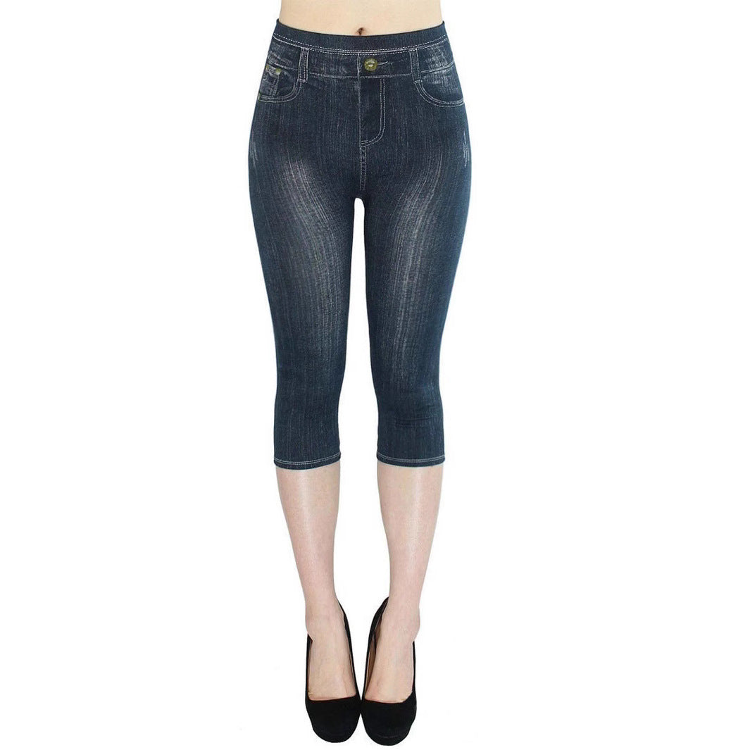 Cross-Border Hot Selling Temu Aliexpress Stretch Imitation Denim Leggings Cropped Pants Tight Hip Lift Pure Color Small Leg Pants
