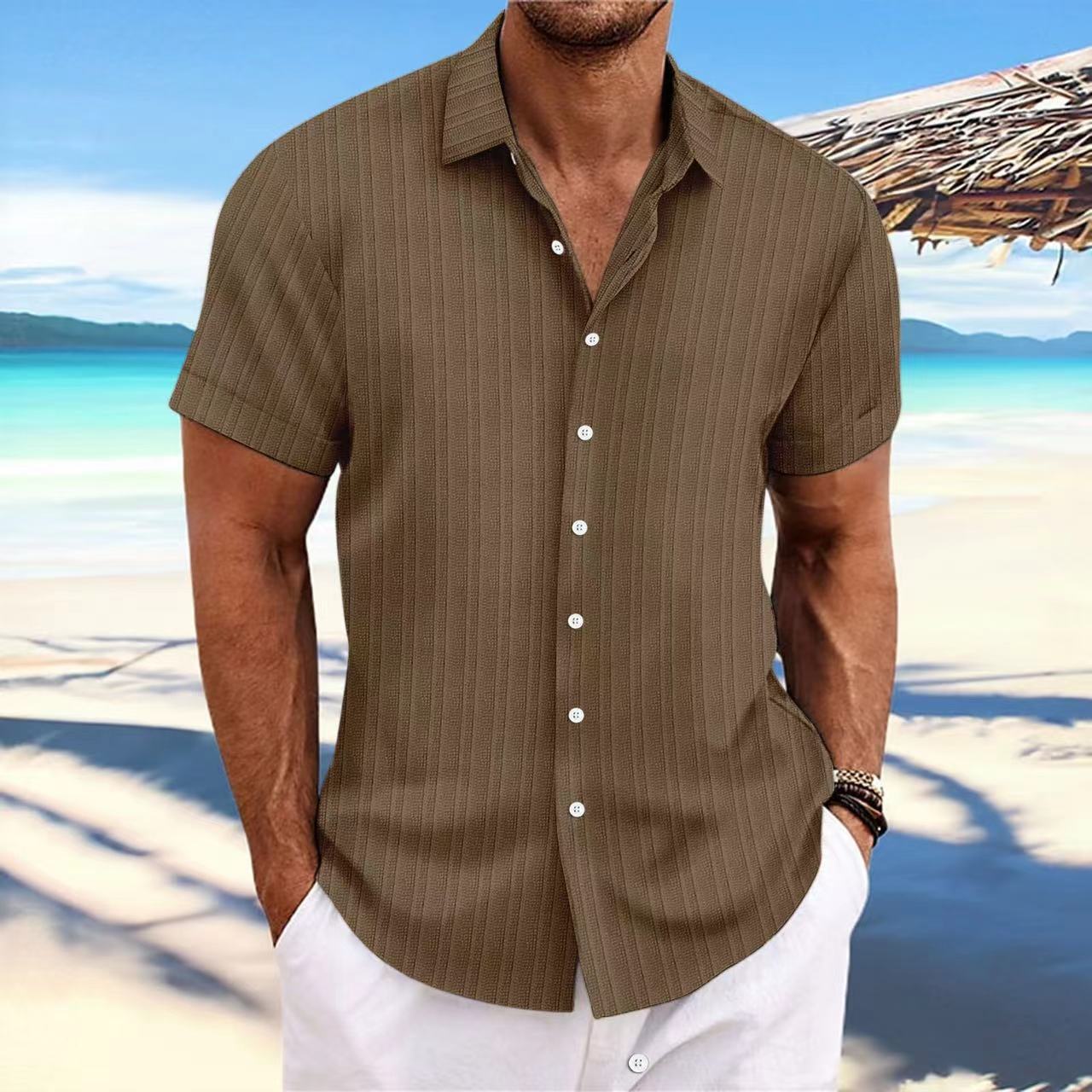 Foreign Trade Cross-border Explosions Amazon New Men's Cotton and Linen Striped Jacquard Sports Casual Loose Short-sleeved Shirt