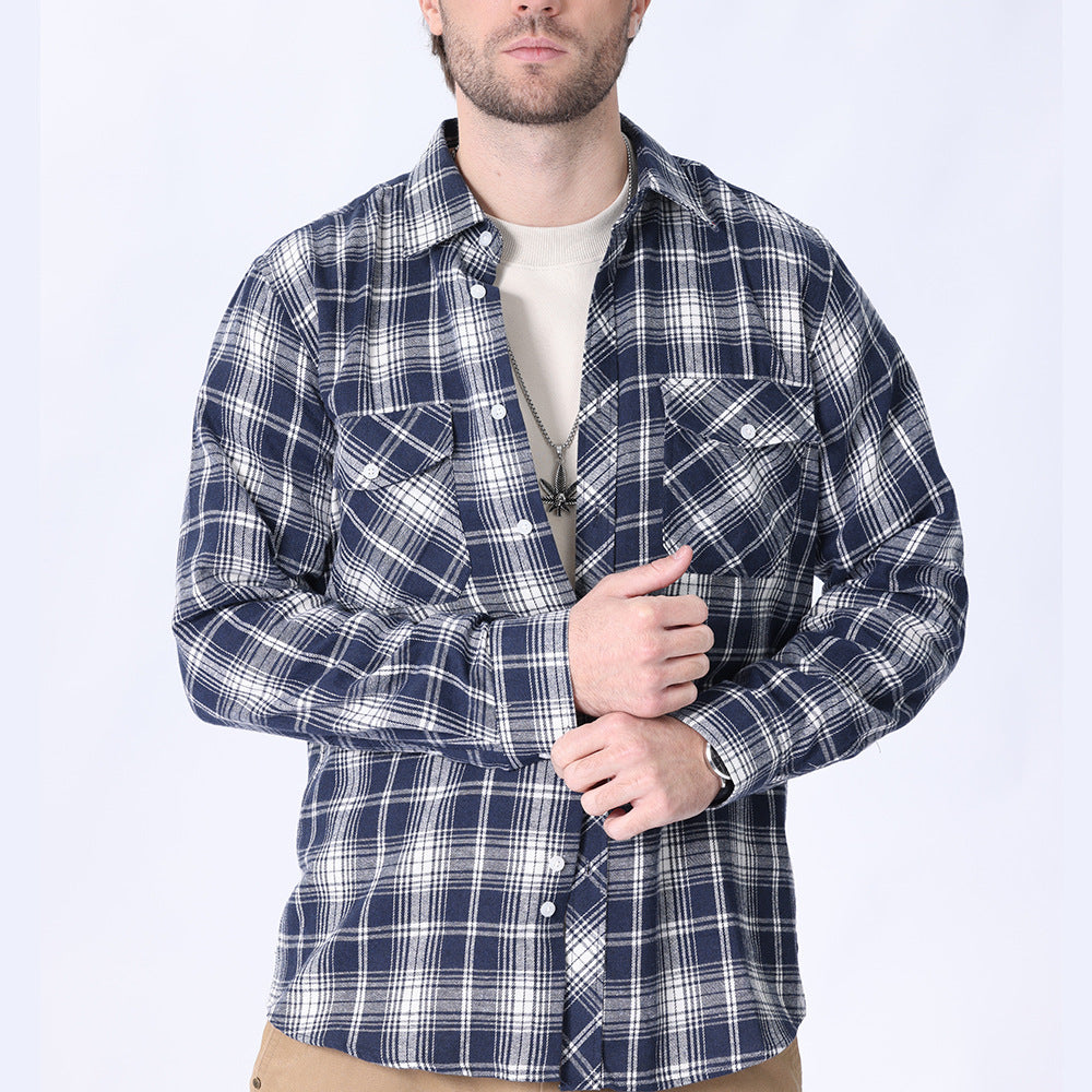 2026 Spring Cross-Border Trade American Retro Flannel Men's Long-Sleeve Brushed Plaid Shirt Men's Cool Jacket