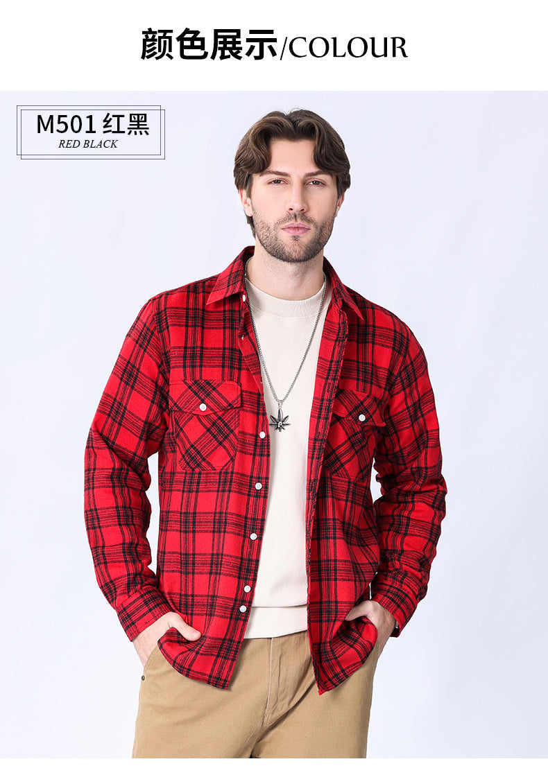 2026 Spring Cross-Border Trade American Retro Flannel Men's Long-Sleeve Brushed Plaid Shirt Men's Cool Jacket