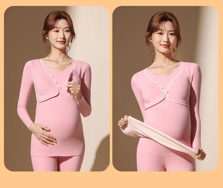 Maternity Autumn and Winter Thermal Underwear Nursing Sleepwear All-Season Warm No-Wear Underwear Postpartum Maternity Top Base Layer