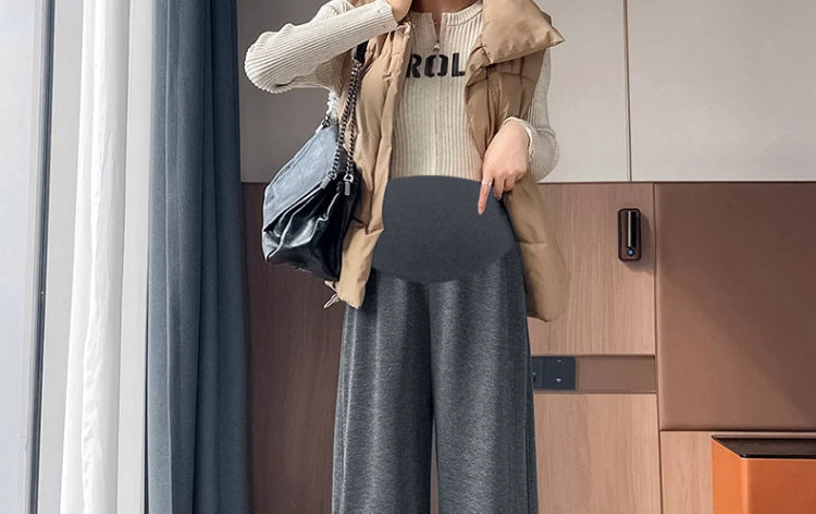 Pregnant Women's Trousers Herringbone Pattern Woolen Belly Narrow Wide-leg Pants Lazy Casual Glutinous Rice Pants Trousers Pregnant Women's Wear