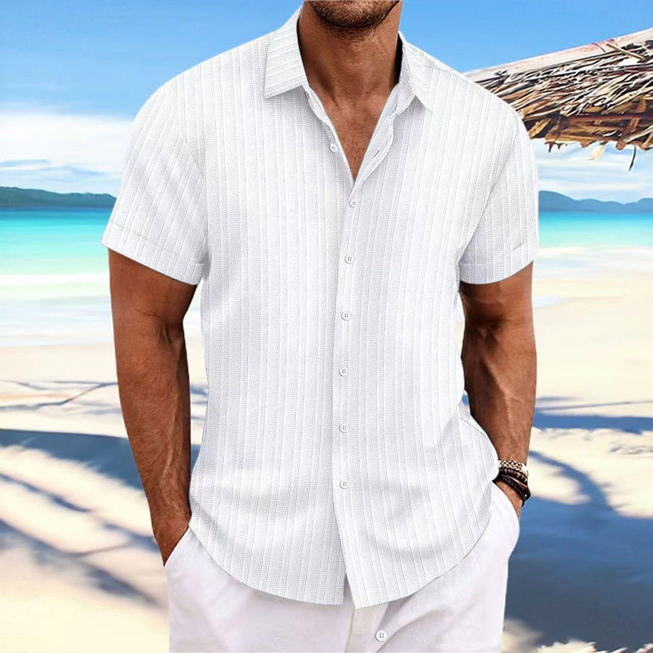 Foreign Trade Cross-border Explosions Amazon New Men's Cotton and Linen Striped Jacquard Sports Casual Loose Short-sleeved Shirt