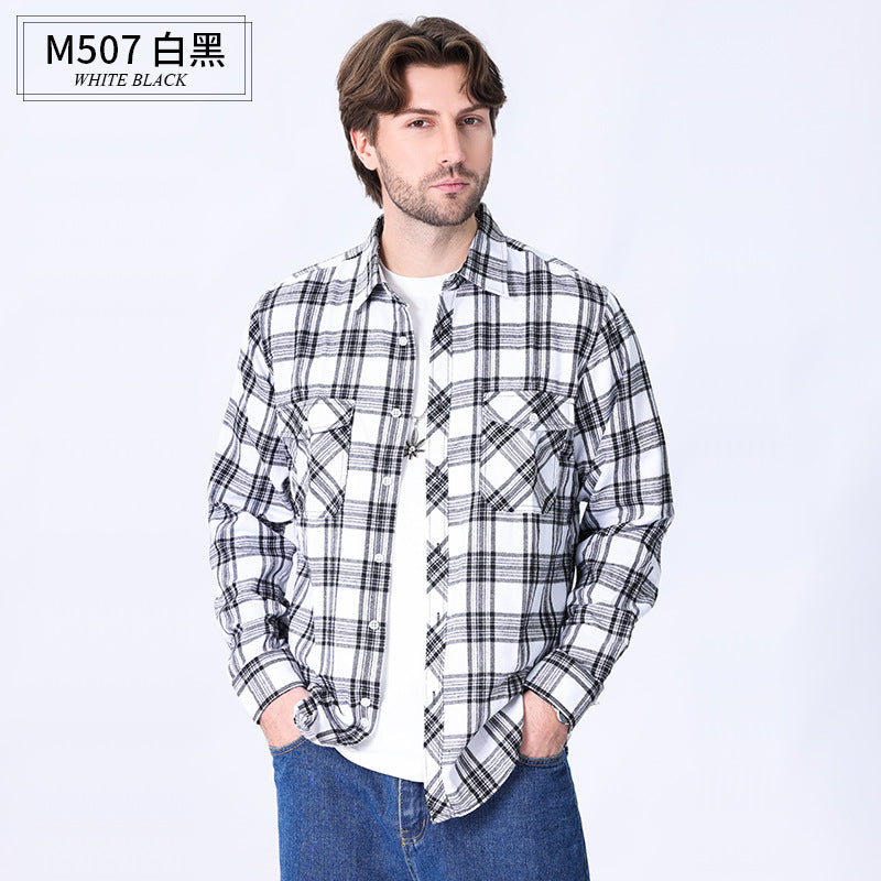 2026 Spring Cross-Border Trade American Retro Flannel Men's Long-Sleeve Brushed Plaid Shirt Men's Cool Jacket