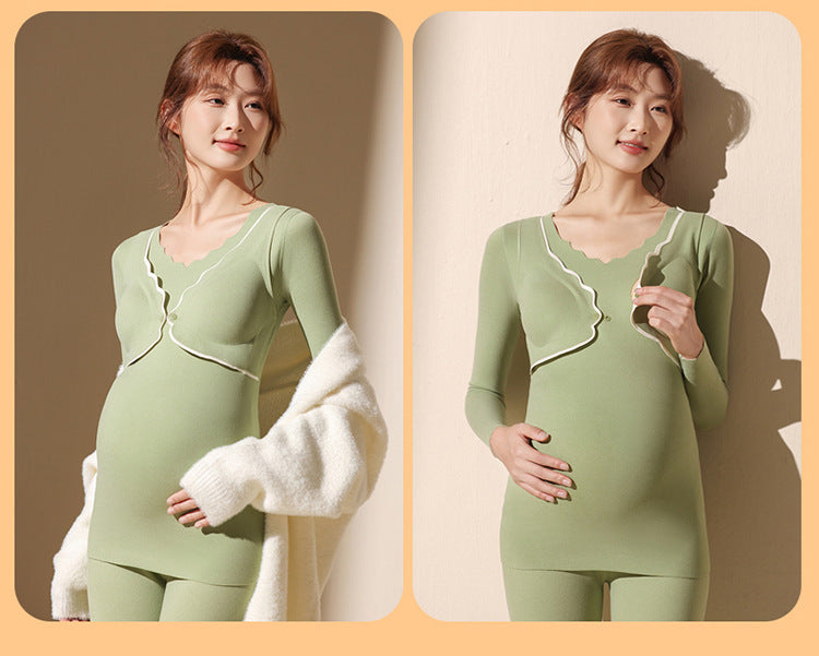 Maternity Autumn and Winter Thermal Underwear Nursing Sleepwear All-Season Warm No-Wear Underwear Postpartum Maternity Top Base Layer