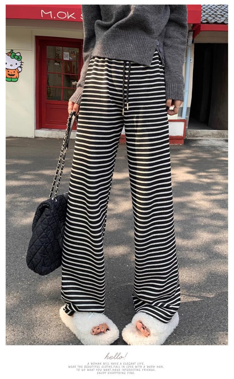 Maternity fleece-lined Black and White Striped Towel Velvet Wide Leg Pants Autumn and Winter New Loose Drawstring Sports Pants Casual Pants