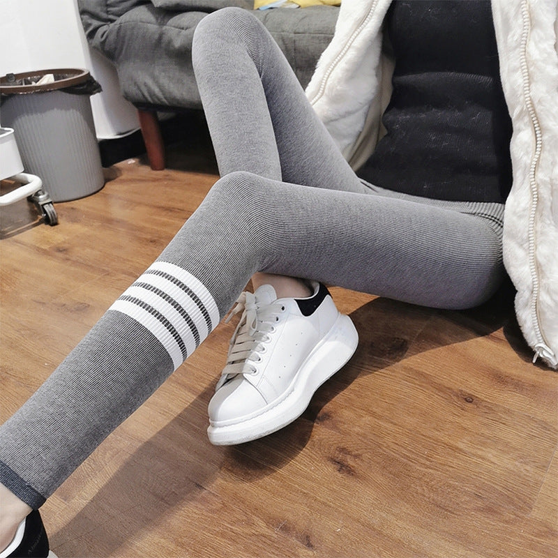 Tb New Autumn and Winter Terry Leggings for Women to Wear as Outerwear, Thin, Faded, Butt-Lifting, Four-Stripes Knitted Elastic Tight-Fitting Pants