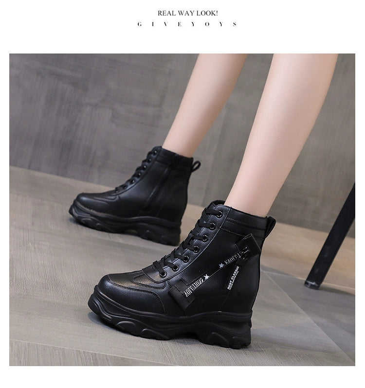 2025 Autumn High Platform Boots 8CM High Heels Women Thick Sole Ankle Shoes Leather Wedge Sneakers Keep Warm Winter Plush Boots