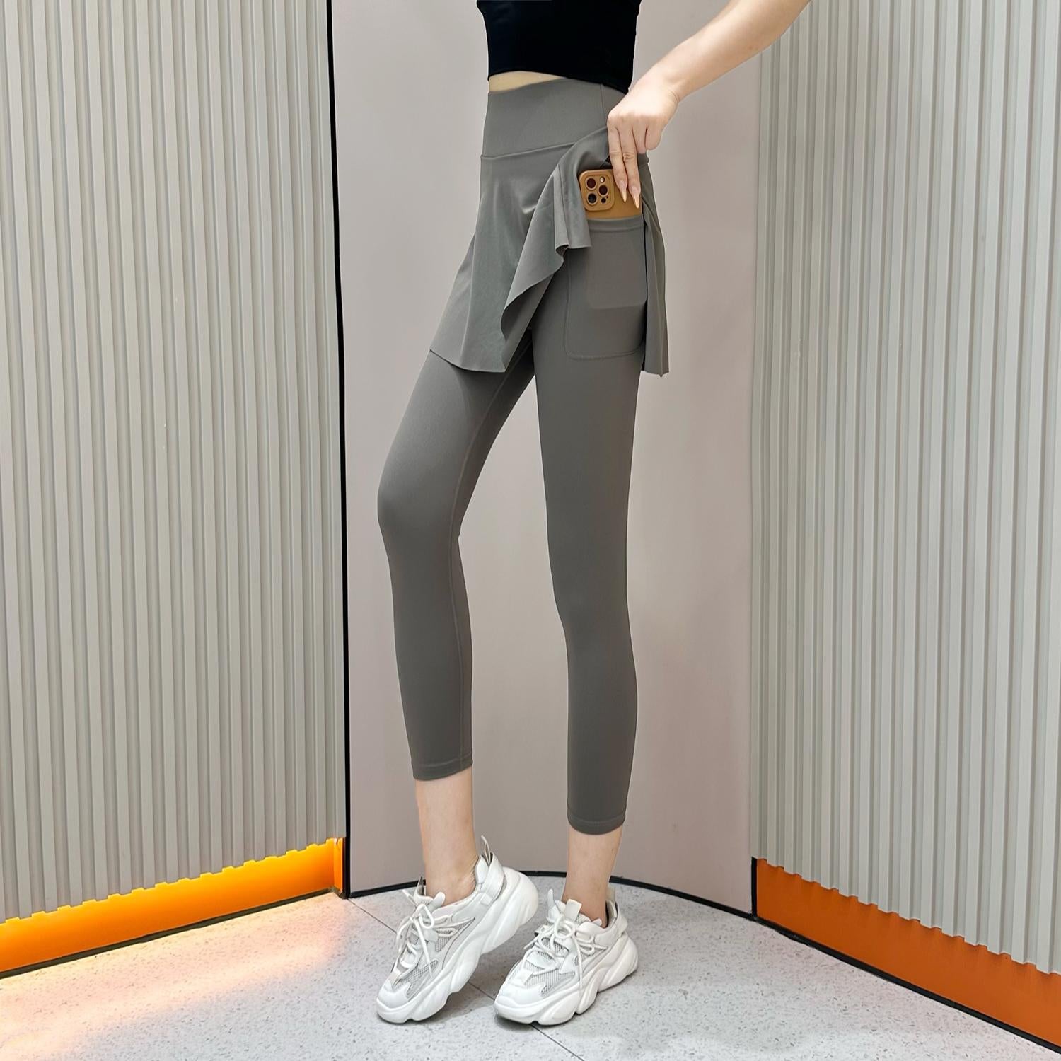 Summer New High Waist Capri Pants Pocket Belly-closed Culottes Fashion Sports Fake Two-piece Running Fitness Outer Wear Yoga