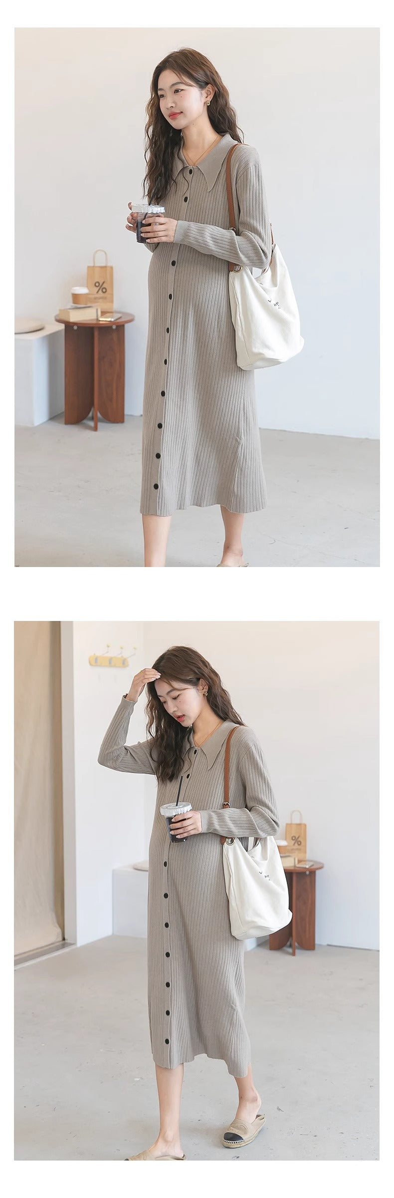 Pregnant women autumn dress 2024 new fashion French sweet doll collar knitted dress